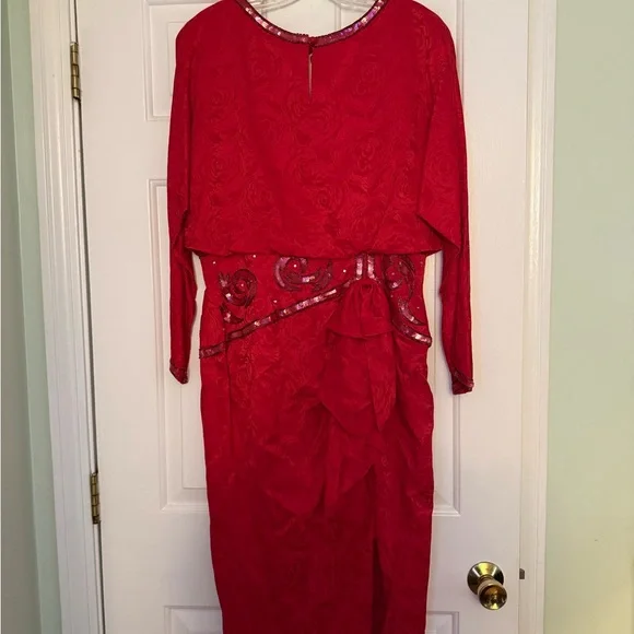 Vintage 80’s A.J Bari Red Silk Sequin Wrap Sheath Cocktail Dress - Picture 1 of 3